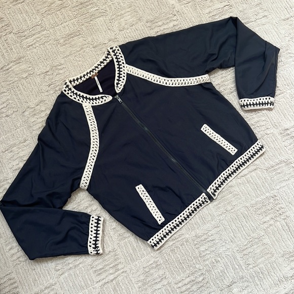 Free People baseball jacket cropped crochet trim Size Large - Picture 8 of 16